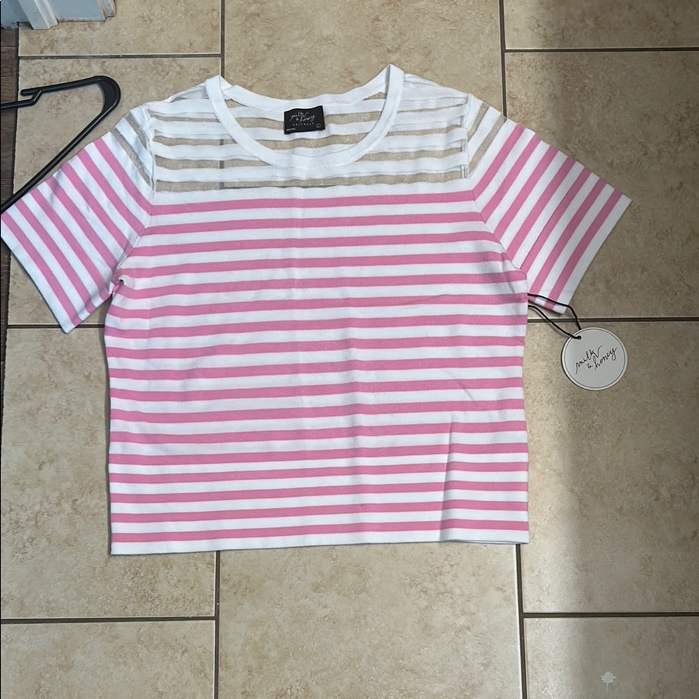 Pink Lily Striped Tee in Pink and White